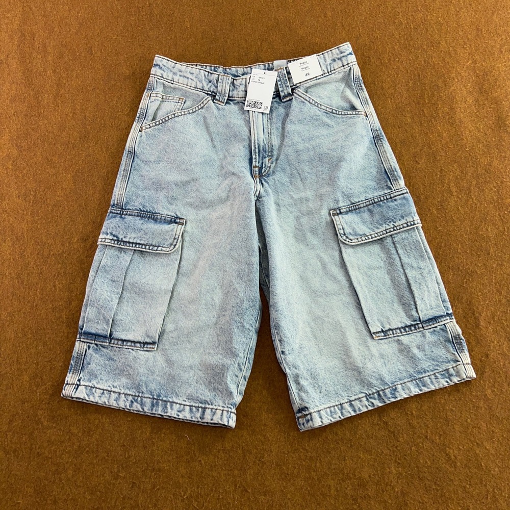 H&M Kids Size 16 Light Blue Baggy Adjustable Waist Cargo Denim Shorts NWT